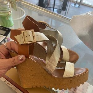 Stylish Tan and Cream Wedge Sandals